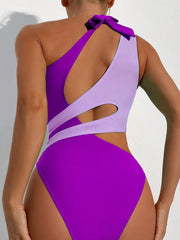 SHEIN Swim Summer Beach Colorblock Cut-Out One Shoulder One Piece Swimsuit