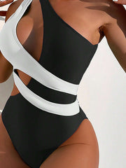 SHEIN Swim Summer Beach Colorblock Cut-Out One Shoulder One Piece Swimsuit