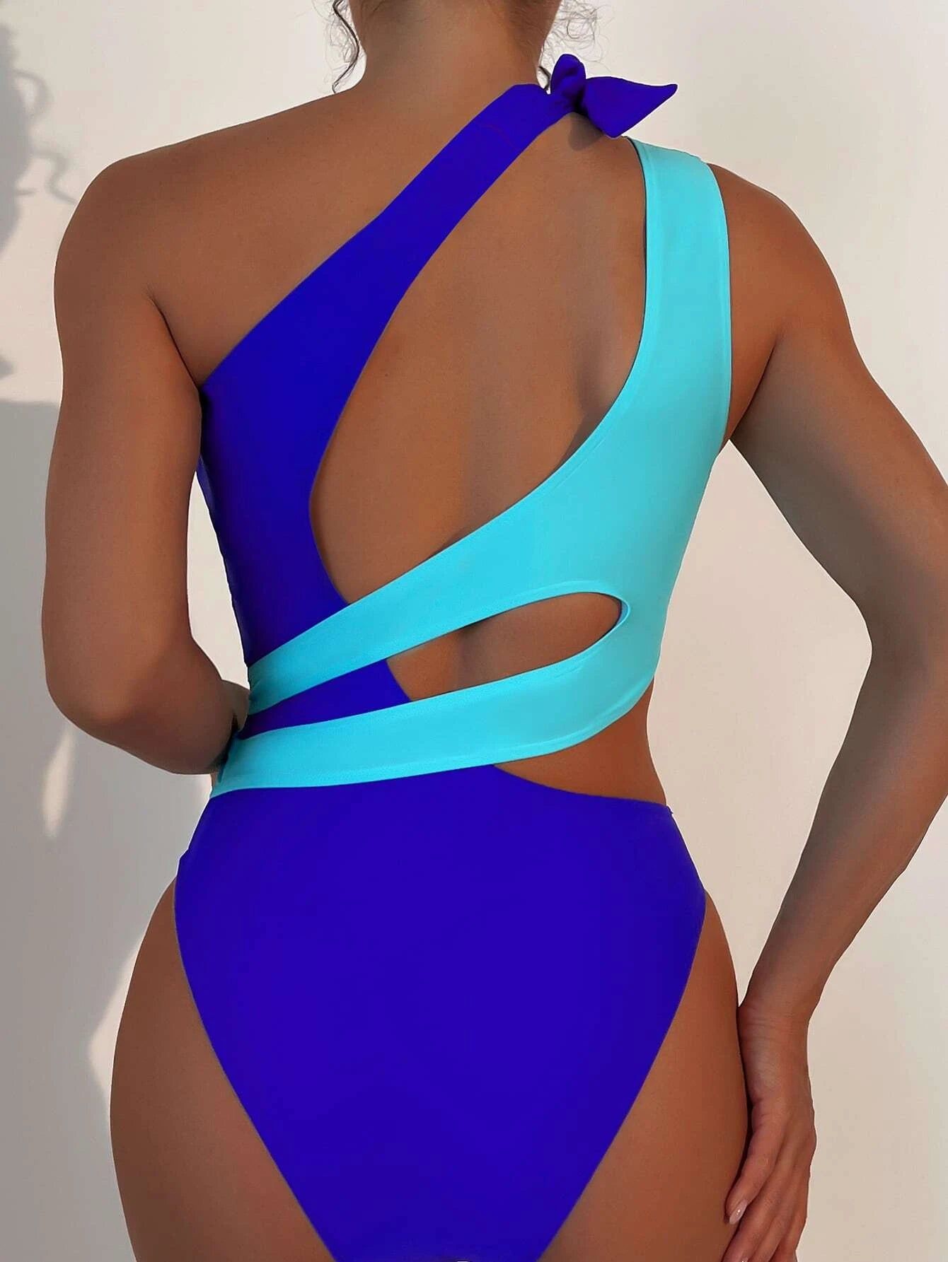 SHEIN Swim Summer Beach Colorblock Cut-Out One Shoulder One Piece Swimsuit