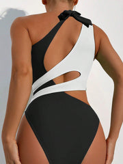SHEIN Swim Summer Beach Colorblock Cut-Out One Shoulder One Piece Swimsuit