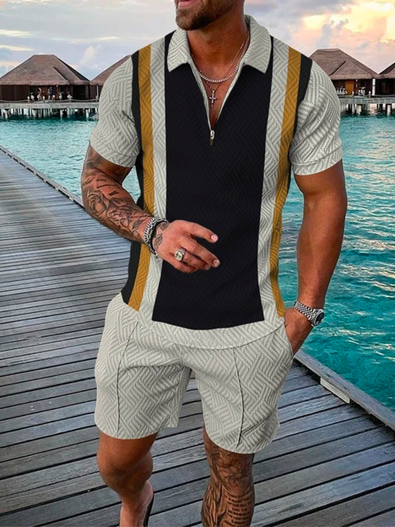2023 New Men'S Shorts Set Sleeve Zip Polo Shirt Street T-Shirt Two Piece Casual Sportswear Ropa Hombre Vintage Print