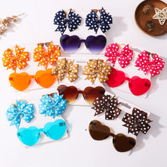 Colorful Kids' Hair Accessories Set with Heart-Shape Sunglasses Dot Hairpins and Bow-Knot Hair Clips for Short Hair.