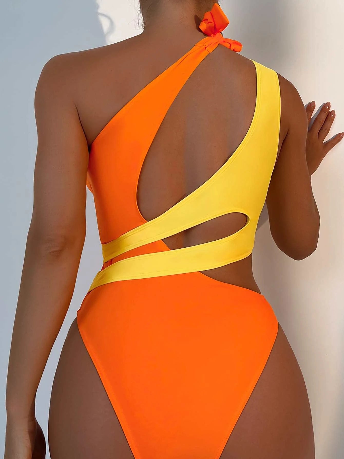 SHEIN Swim Summer Beach Colorblock Cut-Out One Shoulder One Piece Swimsuit
