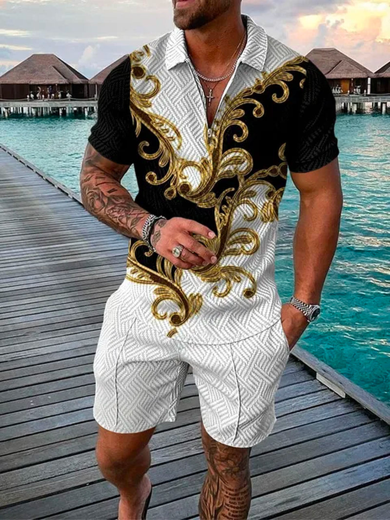 2023 New Men'S Shorts Set Sleeve Zip Polo Shirt Street T-Shirt Two Piece Casual Sportswear Ropa Hombre Vintage Print